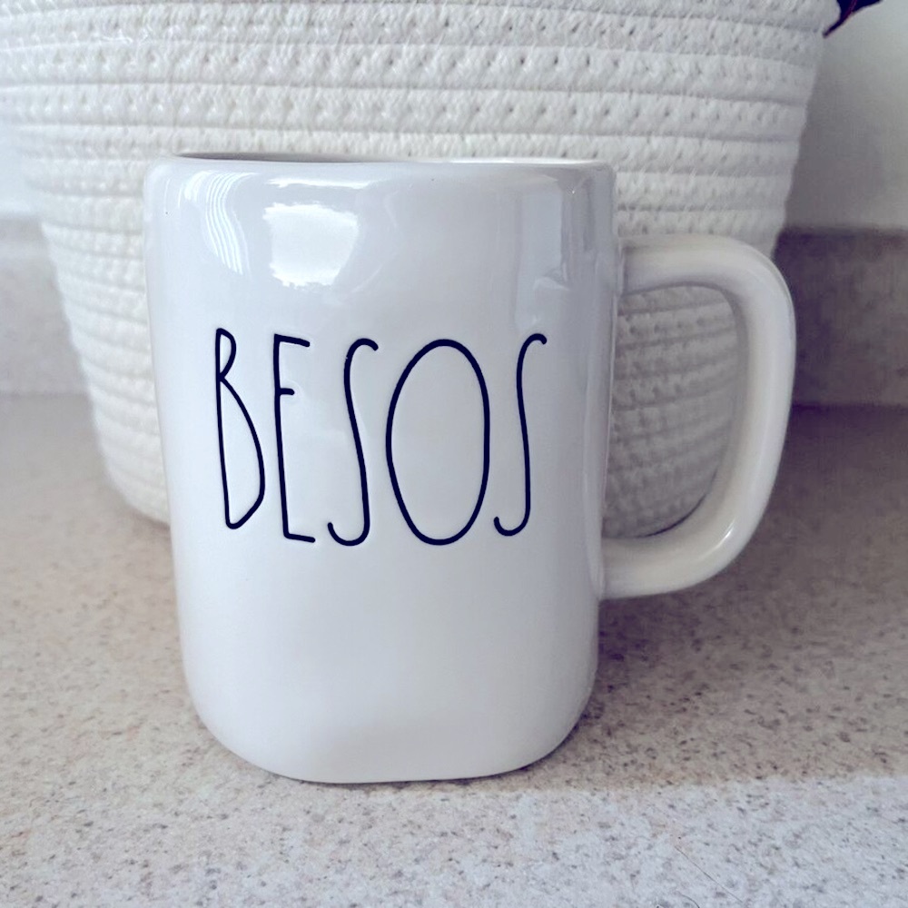 🐭 SALE! Rae Dunn "BESOS" Means (Kisses) Black Lettering COFFEE/TEA Mug EUC